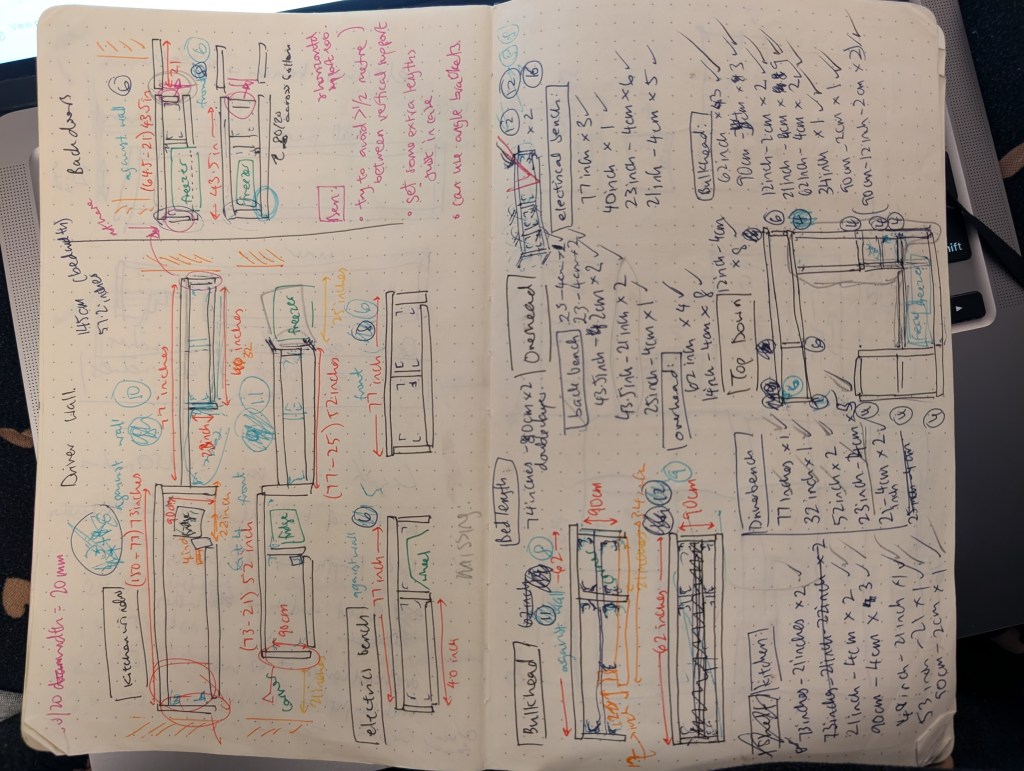 Diagram showing the design and dimensions of the aluminium extrusion framework used in the van build.