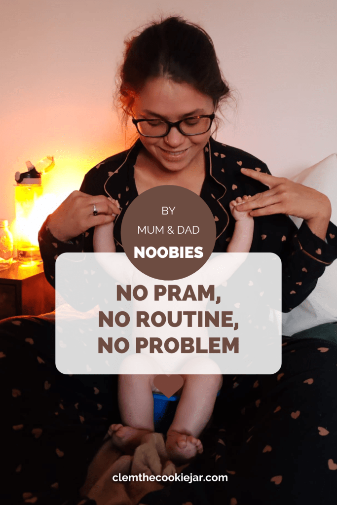 Text overlay image with parenting tips about raising a baby without a pram, routine, or traditional nappy bag.