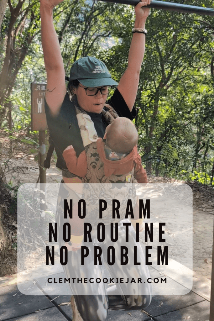 Image promoting parenting hacks like babywearing and skipping a nappy bag for a minimalist approach